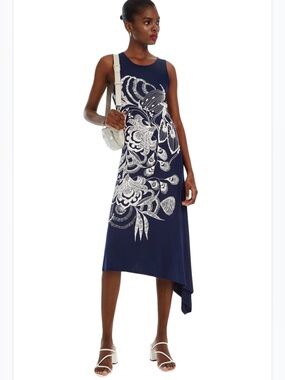 Desigual navy Wakiut Asymetrical hem sleeveless array screen print dress Small